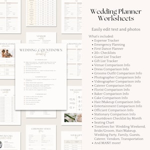 K&ouml;nnte beinhalten: Eine Sammlung druckbarer Hochzeitsplaner-Arbeitsbl&auml;tter mit dem Text "Wedding Planner Worksheets" und "Wedding Countdown Checklist". Die Arbeitsbl&auml;tter enthalten Checklisten, Tracker und Vergleichsinformationen.