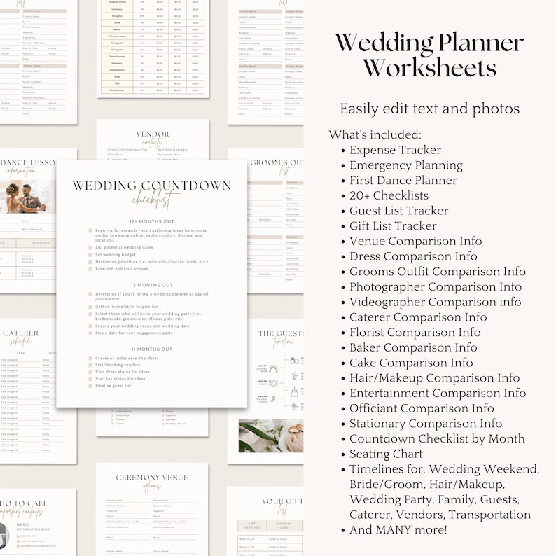 K&ouml;nnte beinhalten: Eine Sammlung druckbarer Hochzeitsplaner-Arbeitsbl&auml;tter mit dem Text "Wedding Planner Worksheets" und "Wedding Countdown Checklist". Die Arbeitsbl&auml;tter enthalten Checklisten, Tracker und Vergleichsinformationen.