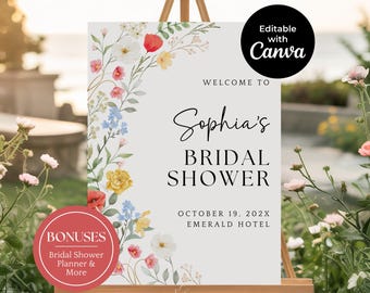 Bridal Shower Welcome Sign Template, Printable Welcome Sign, Floral Bridal Shower, Wildflower Welcome Sign, Boho Bridal Sign, Shower Signage