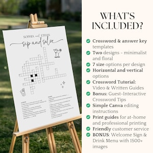 May include: A white sign on an easel with a crossword puzzle titled "Sip and Solve" for Sophia and Ethan. The sign includes a list of features: crossword templates, minimalist designs, size options, and print guides.