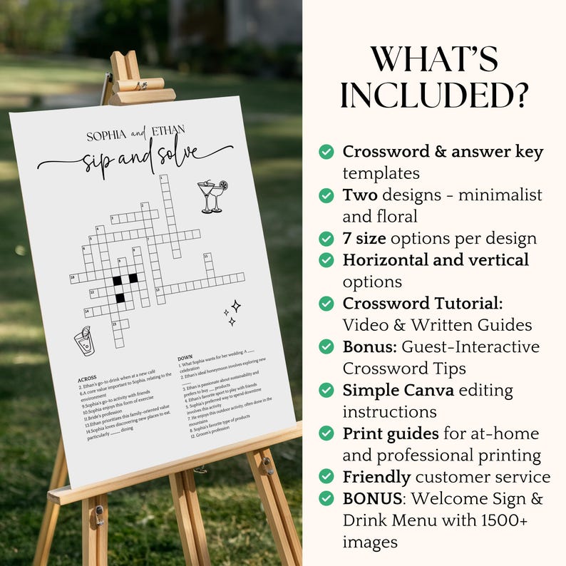 May include: A white sign on an easel with a crossword puzzle titled "Sip and Solve" for Sophia and Ethan. The sign includes a list of features: crossword templates, minimalist designs, size options, and print guides.