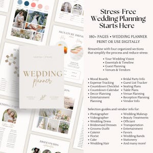 K&ouml;nnte beinhalten: Ein Hochzeitsplaner mit beigem Einband und goldenen Buchstaben, umgeben von Seiten mit Hochzeitsplanungs-Checklisten und -Leitf&auml;den. Der Planer enth&auml;lt Abschnitte f&uuml;r Vision, Zeitplan, G&auml;stebetreuung und Anbieter. Der Text "Stressfreie Hochzeitsplanung beginnt hier" wird angezeigt.