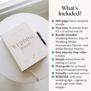 K&ouml;nnte beinhalten: Ein cremefarbenes Hochzeitsplanerbuch mit goldfarbenen Buchstaben und einem Leseb&auml;ndchen, neben einem schwarzen Stift auf einer wei&szlig;en Oberfl&auml;che. Das Buch tr&auml;gt die Aufschrift "WEDDING planner" und enth&auml;lt die Namen "SOPHIA + ETHAN". Der Text "What's Included?" ist ebenfalls sichtbar.