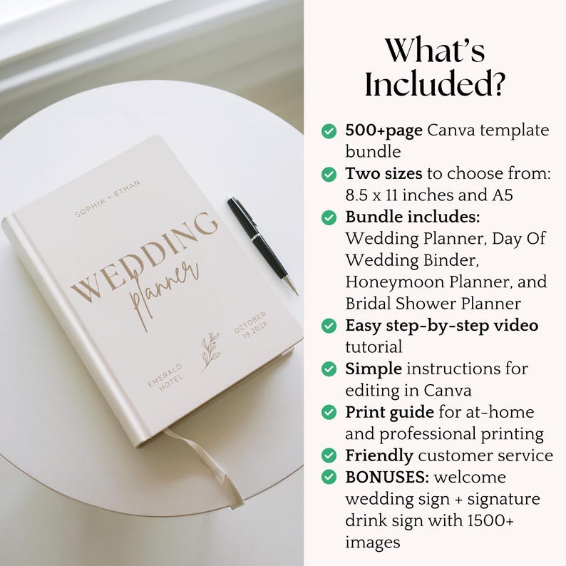 K&ouml;nnte beinhalten: Ein cremefarbenes Hochzeitsplanerbuch mit goldfarbenen Buchstaben und einem Leseb&auml;ndchen, neben einem schwarzen Stift auf einer wei&szlig;en Oberfl&auml;che. Das Buch tr&auml;gt die Aufschrift "WEDDING planner" und enth&auml;lt die Namen "SOPHIA + ETHAN". Der Text "What's Included?" ist ebenfalls sichtbar.