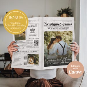 Könnte beinhalten: Hochzeitsanzeige im Zeitungsstil mit der Überschrift „Newlywed Times“ und den Namen „Sophia and Ethan“. Die Anzeige enthält ein Foto des Paares und den Text „Forever Starts Now“. Ein zusätzliches Hochzeits-Checklisten-Bundle wird ebenfalls beworben.