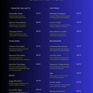 May include: A breakfast menu on a dark blue background with yellow text. The menu lists various breakfast items, including Avocado Toast, Salmon Bruschetta, and Pancakes. The cafe name is displayed at the top.