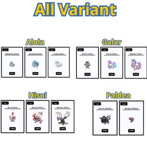 Op de afbeelding: Een verzameling Pok&eacute;mon-verzamelkaarten met verschillende regionale varianten, waaronder Alola, Galar, Hisui en Paldea. Elke kaart toont een Pok&eacute;mon-illustratie, de naam en een kaartnummer, tegen een witte achtergrond.