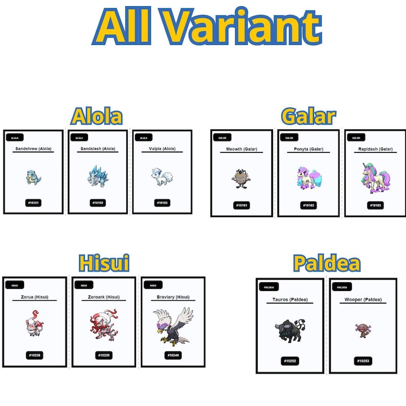 Op de afbeelding: Een verzameling Pok&eacute;mon-verzamelkaarten met verschillende regionale varianten, waaronder Alola, Galar, Hisui en Paldea. Elke kaart toont een Pok&eacute;mon-illustratie, de naam en een kaartnummer, tegen een witte achtergrond.