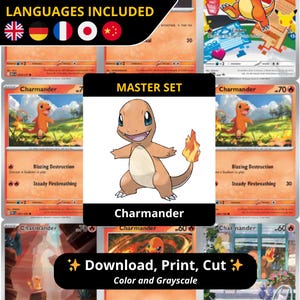 Könnte beinhalten: Bild mit mehreren Charmander-Pokémon-Karten und einer zentralen Charmander-Illustration. Die Karten haben orangefarbene und gelbe Hintergründe mit Text und Illustrationen. Das Bild enthält auch den Text "MASTER SET" und "Download, Print, Cut, Color and Grayscale."