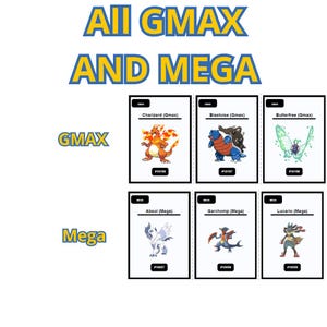 Op de afbeelding: Afbeelding met zes illustraties van GMAX- en Mega Pok&eacute;mon-verzamelkaarten. De kaarten bevatten Charizard, Blastoise, Butterfree, Absol, Garchomp en Lucario. De tekst bovenaan luidt "All GMAX and MEGA."