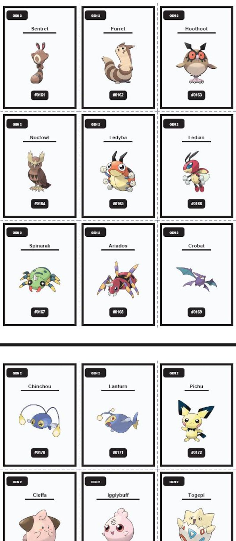 Op de afbeelding: Een verzameling Pok&eacute;mon-kaarten met verschillende Gen 2 Pok&eacute;mon. Elke kaart toont een uniek wezen met zijn naam en nummer. De kaarten staan tegen een witte achtergrond.