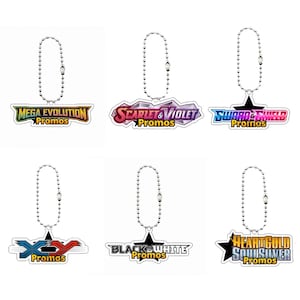 May include: Six acrylic keychains with silver ball chains, each featuring a different Pokémon logo: Mega Evolution, Scarlet & Violet, Sword & Shield, XY, Black & White, and HeartGold SoulSilver, all with the word Promos printed below.