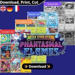 May include: A selection of Pokémon trading cards, featuring a "Master Set" and a "Complete Set", with the "Mega Evolution Phantasmal Flames" logo. The image also includes the text "Download, Print, Cut" and "Download". Some cards are graded.