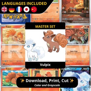 May include: A collection of Pokémon trading cards featuring Vulpix and Alolan Vulpix. The cards display illustrations of the Pokémon with various attacks and stats. The image includes text that says "MASTER SET" and "Download, Print, Cut".