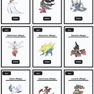 Op de afbeelding: Negen ruilkaarten met verschillende Mega Evolutie Pok&eacute;mon. Elke kaart heeft een unieke illustratie van een Pok&eacute;mon met zijn naam en een nummer. De Pok&eacute;mon zijn Gardevoir, Mawile, Aggron, Medicham, Manectric, Banette, Absol, Garchomp en Lucario.