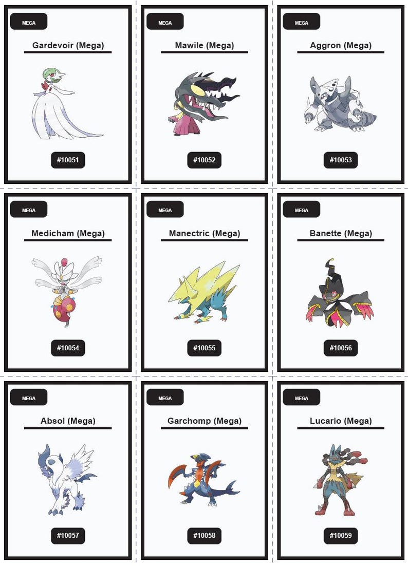 Op de afbeelding: Negen ruilkaarten met verschillende Mega Evolutie Pok&eacute;mon. Elke kaart heeft een unieke illustratie van een Pok&eacute;mon met zijn naam en een nummer. De Pok&eacute;mon zijn Gardevoir, Mawile, Aggron, Medicham, Manectric, Banette, Absol, Garchomp en Lucario.