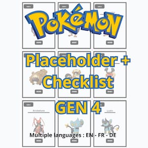 May include: A grid of nine Pokémon trading cards featuring various characters, including Kricketune and Luxio. The cards are labeled with the text "GEN 4" and the Pokémon logo. The image also includes the text "Placeholder + Checklist" and "Multiple languages: EN - FR - DE".