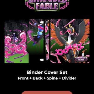 Peut inclure: Ensemble de couvertures de classeur avec des illustrations de "Scarlet & Violet Shrouded Fable". L'ensemble comprend des motifs pour le devant, le dos, la tranche et le séparateur. L'illustration présente des personnages vibrants et le logo "Shrouded Fable".