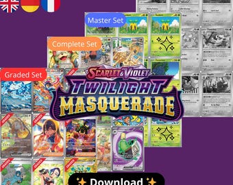 Set Twilight Masquerade stampabile – Set Master e completi + Gradazione + Lista di controllo – Pagina per raccoglitore Pokemon TCG – Segnaposto digitale – De/En/Fr