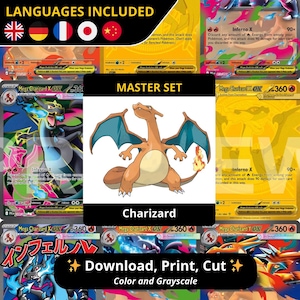 May include: A collection of Charizard trading cards, including a central image of the character. The cards feature various designs and colors, with text that reads "Mega Charizard X EX" and "Inferno X". The image also includes the text "Download, Print, Cut".