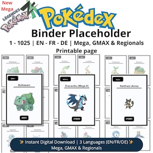 Pokémon Karten Platzhalter (1–1025 + Mega / Regional / GMax) | Nationaldex Pokédex | Sammelkarten Ordner | Druckbares Pdf | DE/EN/FR
