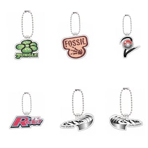May include: Six acrylic keychains with silver ball chains, each featuring distinct logos: a green Jungle flower, a brown Fossil emblem, a red and white ball icon, a pink Team Rocket logo, and two silver Gym Heroes and Gym Challenge text designs.