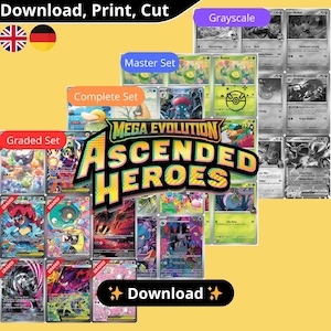 May include: A collection of trading cards featuring the text "Mega Evolution Ascended Heroes." The cards are organized into sets labeled "Master Set," "Complete Set," and "Graded Set." The image also includes the text "Download, Print, Cut."