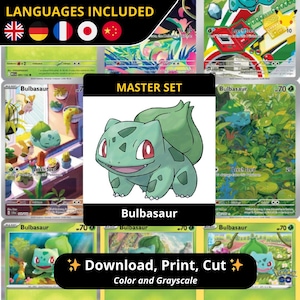 Può includere: Una collezione di carte collezionabili di Bulbasaur, con varie illustrazioni del personaggio. Le carte sono in inglese e includono il testo "Leech Seed" e "Master Set". L'immagine include anche il testo "Download, Print, Cut Color and Grayscale".