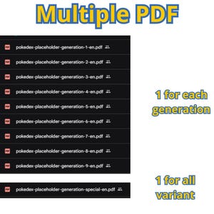 Op de afbeelding: Een screenshot toont een lijst met PDF-bestanden met de namen "pokedex-placeholder-generation-1-en.pdf" tot "pokedex-placeholder-generation-9-en.pdf", en "pokedex-placeholder-generation-special-en.pdf". De tekst "Multiple PDF" staat bovenaan, met "1 for each generation" en "1 for all variant".