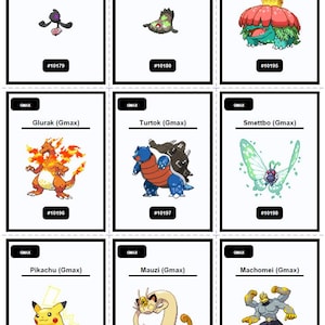 Op de afbeelding: Negen Pok&eacute;mon-verzamelkaarten met zwarte randen op een witte achtergrond. Elke kaart toont een ander Pok&eacute;mon-personage, zijn naam en een uniek identificatienummer. De illustraties zijn kleurrijk.