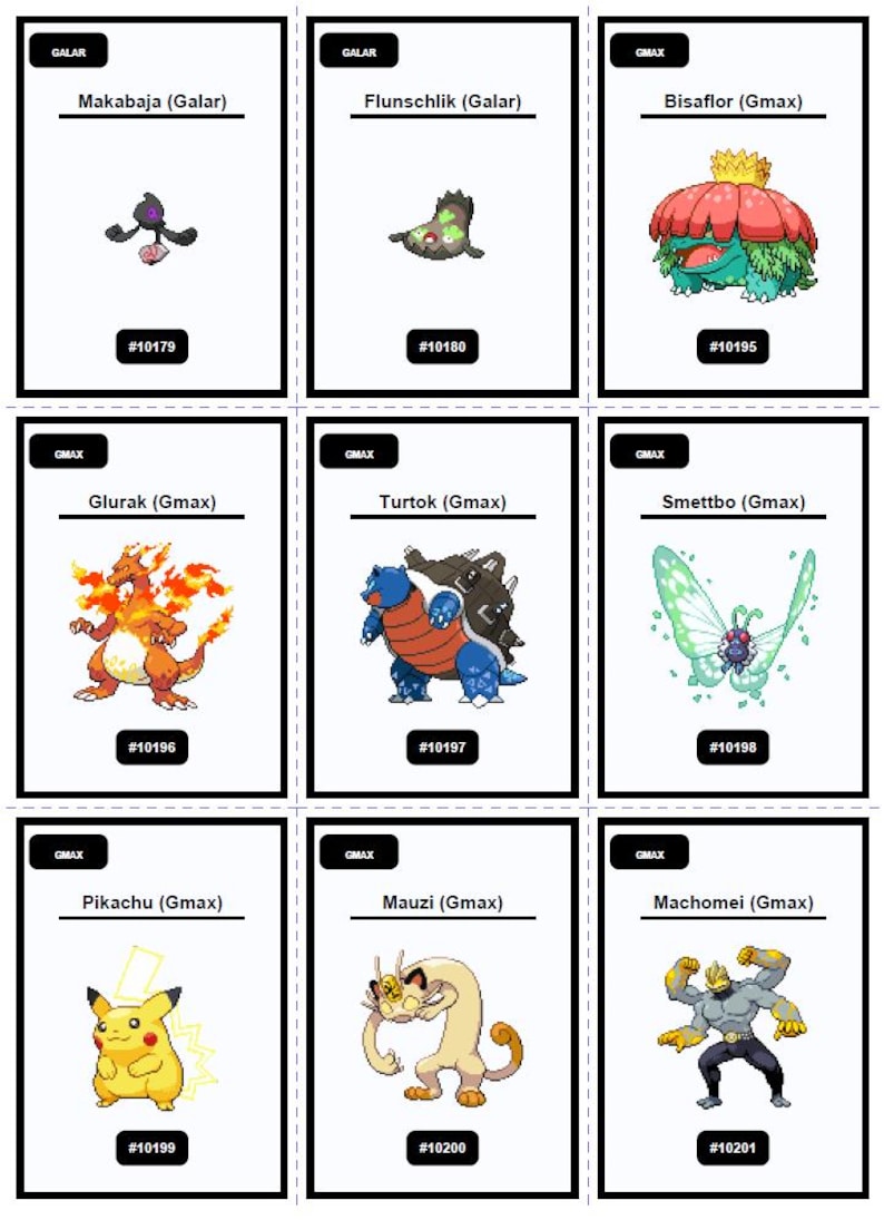 Op de afbeelding: Negen Pok&eacute;mon-verzamelkaarten met zwarte randen op een witte achtergrond. Elke kaart toont een ander Pok&eacute;mon-personage, zijn naam en een uniek identificatienummer. De illustraties zijn kleurrijk.