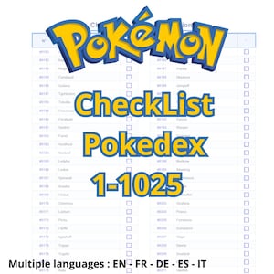 Può includere: Un elenco di controllo Pokémon con il logo Pokémon in giallo e blu. L'elenco di controllo include il testo "CheckList Pokedex 1-1025" e un elenco di nomi e numeri di Pokémon. La parte inferiore dell'immagine contiene testo in più lingue.
