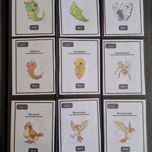 Op de afbeelding: Een pagina uit een binder met negen Pok&eacute;mon-ruilkaarten. De kaarten tonen kleurrijke illustraties van Pok&eacute;mon-personages, waaronder Chenipan, Chrysacier en Papilusion. Elke kaart heeft een uniek nummer en de naam van de Pok&eacute;mon.