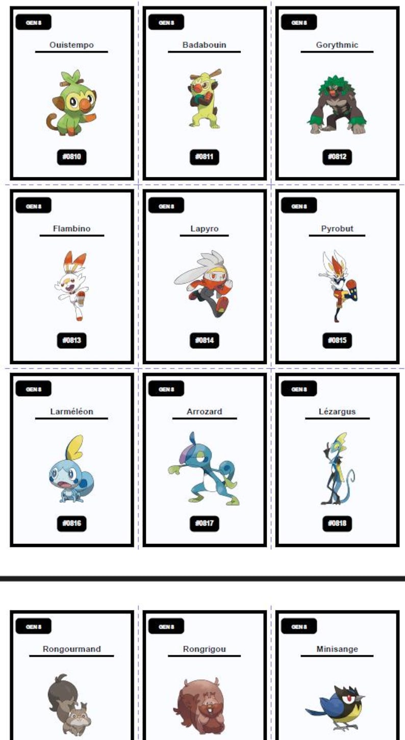 Op de afbeelding: Een verzameling ge&iuml;llustreerde Pok&eacute;mon-kaarten met verschillende personages. Elke kaart toont een uniek wezen met een naam en nummer. De kaarten tonen een verscheidenheid aan kleuren en ontwerpen, waaronder een groen aapachtig wezen en een blauwe hagedis.