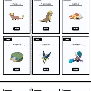 Op de afbeelding: Een verzameling ge&iuml;llustreerde kaarten met verschillende cartoonfiguren. Elke kaart heeft de naam van het wezen, een uniek nummer en het label "GEN 7". De wezens zijn in verschillende kleuren en poses.
