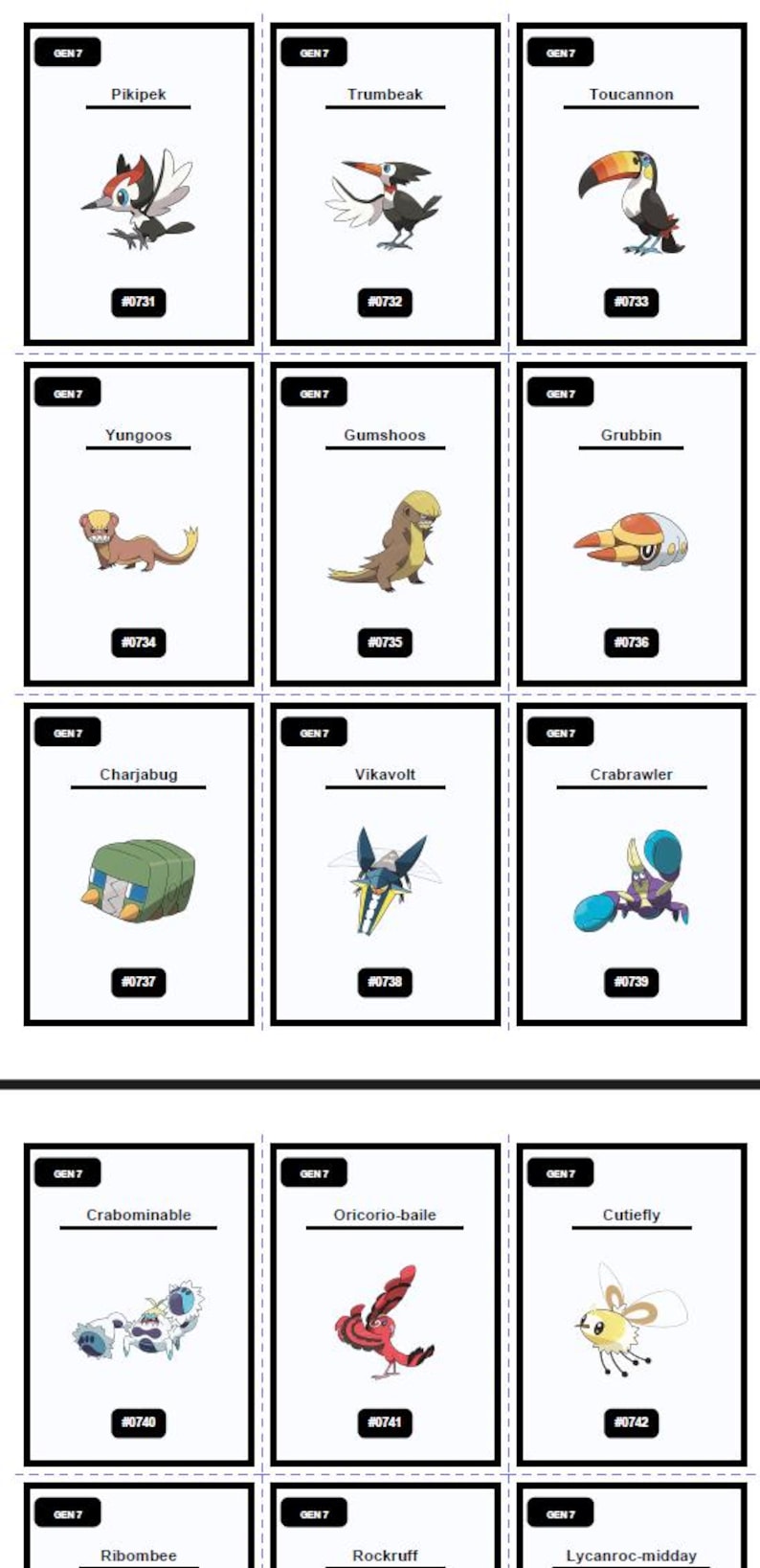 Op de afbeelding: Een verzameling ge&iuml;llustreerde kaarten met verschillende cartoonfiguren. Elke kaart heeft de naam van het wezen, een uniek nummer en het label "GEN 7". De wezens zijn in verschillende kleuren en poses.