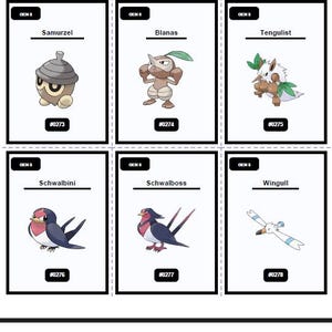 Op de afbeelding: Een verzameling van twaalf ruilkaarten met verschillende Gen 3 Pok&eacute;mon. Elke kaart toont een Pok&eacute;mon-illustratie, de naam en een uniek identificatienummer. De kaarten staan tegen een witte achtergrond.