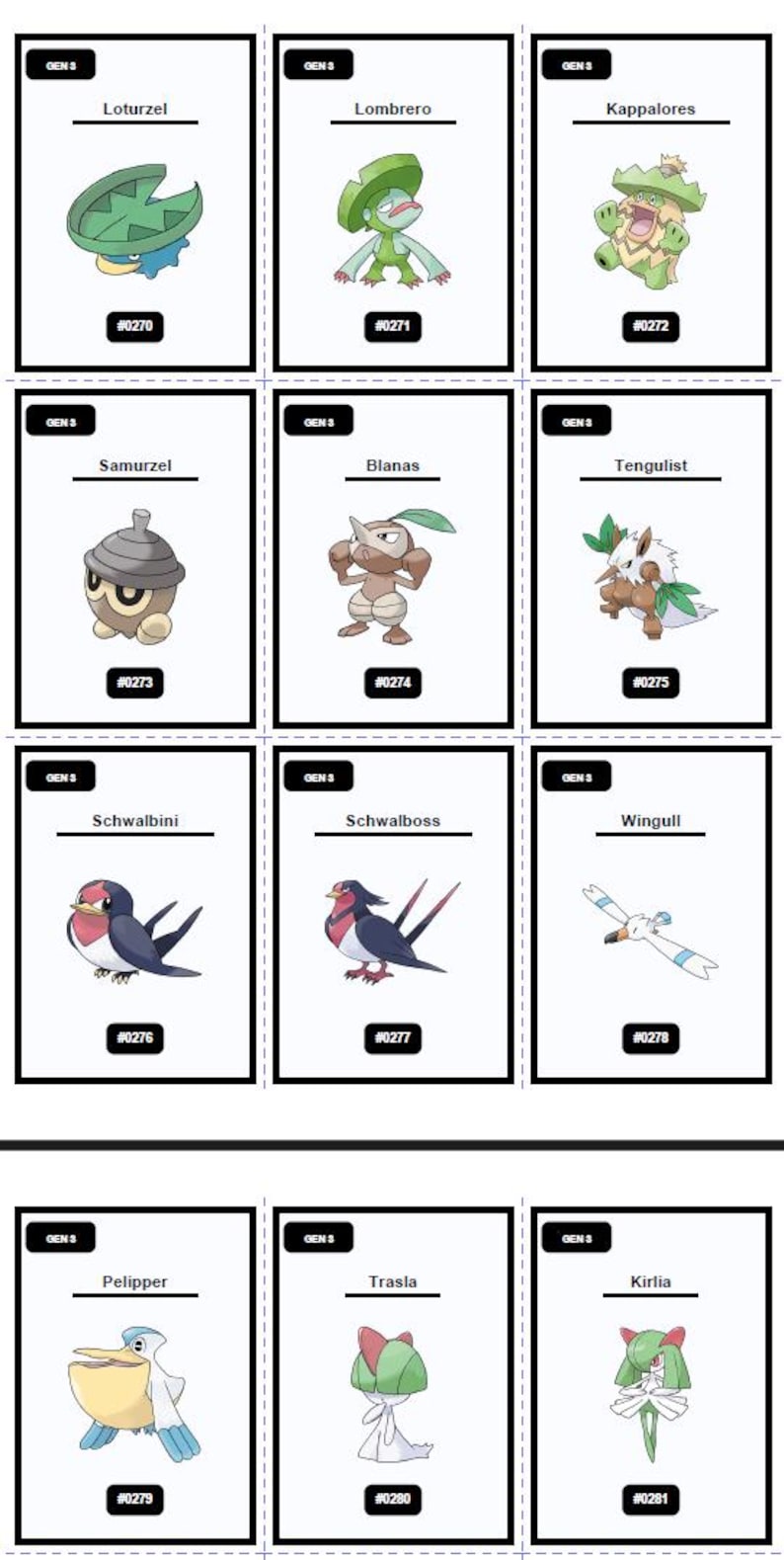 Op de afbeelding: Een verzameling van twaalf ruilkaarten met verschillende Gen 3 Pok&eacute;mon. Elke kaart toont een Pok&eacute;mon-illustratie, de naam en een uniek identificatienummer. De kaarten staan tegen een witte achtergrond.