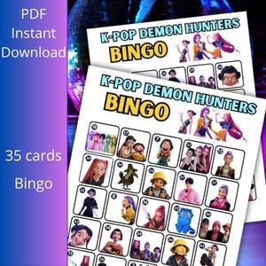 Peut inclure: Deux cartes de jeu "K-Pop Demon Hunters Bingo". Chaque carte présente une grille de cases illustrées avec des numéros. Les mots "PDF Téléchargement instantané" et "35 cartes Bingo" sont également visibles.