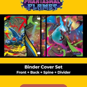 May include: A binder cover set with the text "MEGA EVOLUTION PHANTASMAL FLAMES". The set includes front, back, spine, and divider designs. The illustrations feature fantasy creatures in blue, green, and red, with the text "PFL".