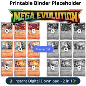 Peut inclure: Une collection de cartes à collectionner colorées et en niveaux de gris, avec divers personnages et le texte "MEGA EVOLUTION". Les cartes ont différentes valeurs de points et incluent le texte "Master Set" et "Instant Digital Download - 2 in 1."