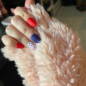 Matte Almond 4th of July Press On Nails – Handmade Red, White & Blue Nail Set | Patriotic Independence Day Nail Art | Reusable