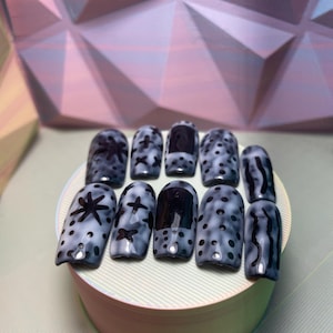 Goth Dark-Inspired Medium Square Press On Nails – Handmade Gel Finish | Black Accent Designs | Reusable