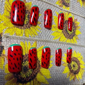 Summer Watermelon Gel Press On Nails – Handmade Summer Nail Set | Fruit-Inspired Design | Reusable Glossy Finish