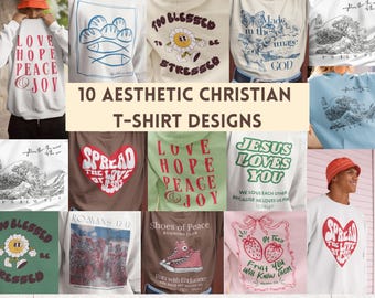 May include: A collection of ten aesthetic Christian t-shirt designs. The shirts feature various graphics and text, including phrases like "Love, Hope, Peace, Joy" and "Jesus Loves You." The color palette includes white, brown, green, and blue.