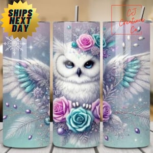 Tumbler, 20 oz insulated stainless steel cup, white owl with pink and blue roses, hot cold drinkware, girly travel , cute pink drink tumbler