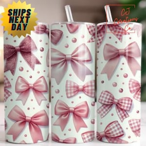 Tumbler Girly Pink Bow 20 Oz Skinny Hot & Cold Stainless Steel Travel Cup – Cute Coquette Drinkware Gift