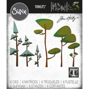 May include: A set of six die-cut metal stencils for crafting, featuring stylized trees in various shapes and sizes. The stencils are designed by Jim Holtz and are part of the Sizzix Thinlits collection. The product number is 665217.