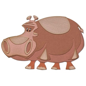 Puede incluir: Una ilustración de dibujos animados de un hipopótamo rosa con una superficie texturizada. El hipopótamo tiene un cuerpo grande y redondo con patas cortas y un hocico largo. Tiene una pequeña oreja redonda a cada lado de la cabeza y una pequeña cola redonda.