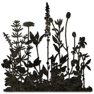Könnte beinhalten: Dunkelbraune Silhouette verschiedener Pflanzen und Blumen vor weißem Hintergrund. Das Bild zeigt detaillierte Ausschnitte verschiedener floraler Formen, darunter hohe Stiele, abgerundete Knospen und belaubtes Laub, wodurch ein strukturiertes, künstlerisches Design entsteht.